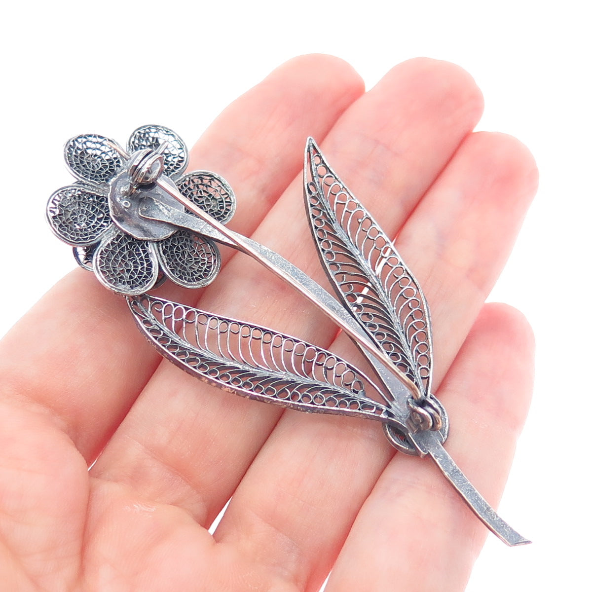 925 Sterling Silver Vintage Flower Filigree Oxidized Pin Brooch