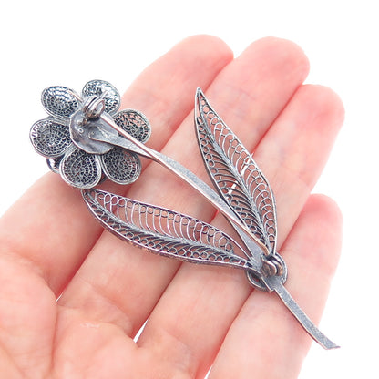 925 Sterling Silver Vintage Flower Filigree Oxidized Pin Brooch