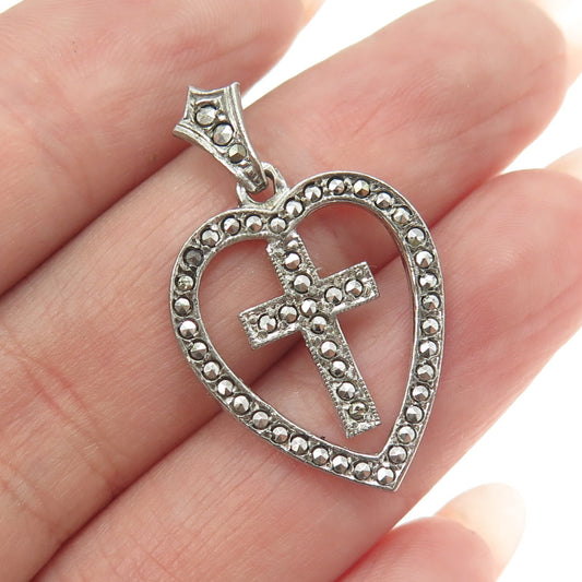 925 Sterling Silver Vintage Real Marcasite Gemstone Cross Heart Pendant