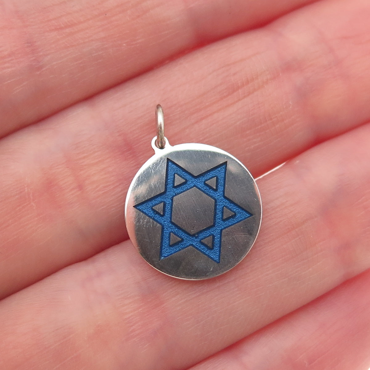 925 Sterling Silver Blue Enamel Star of David Round Tag Mini Charm Pendant