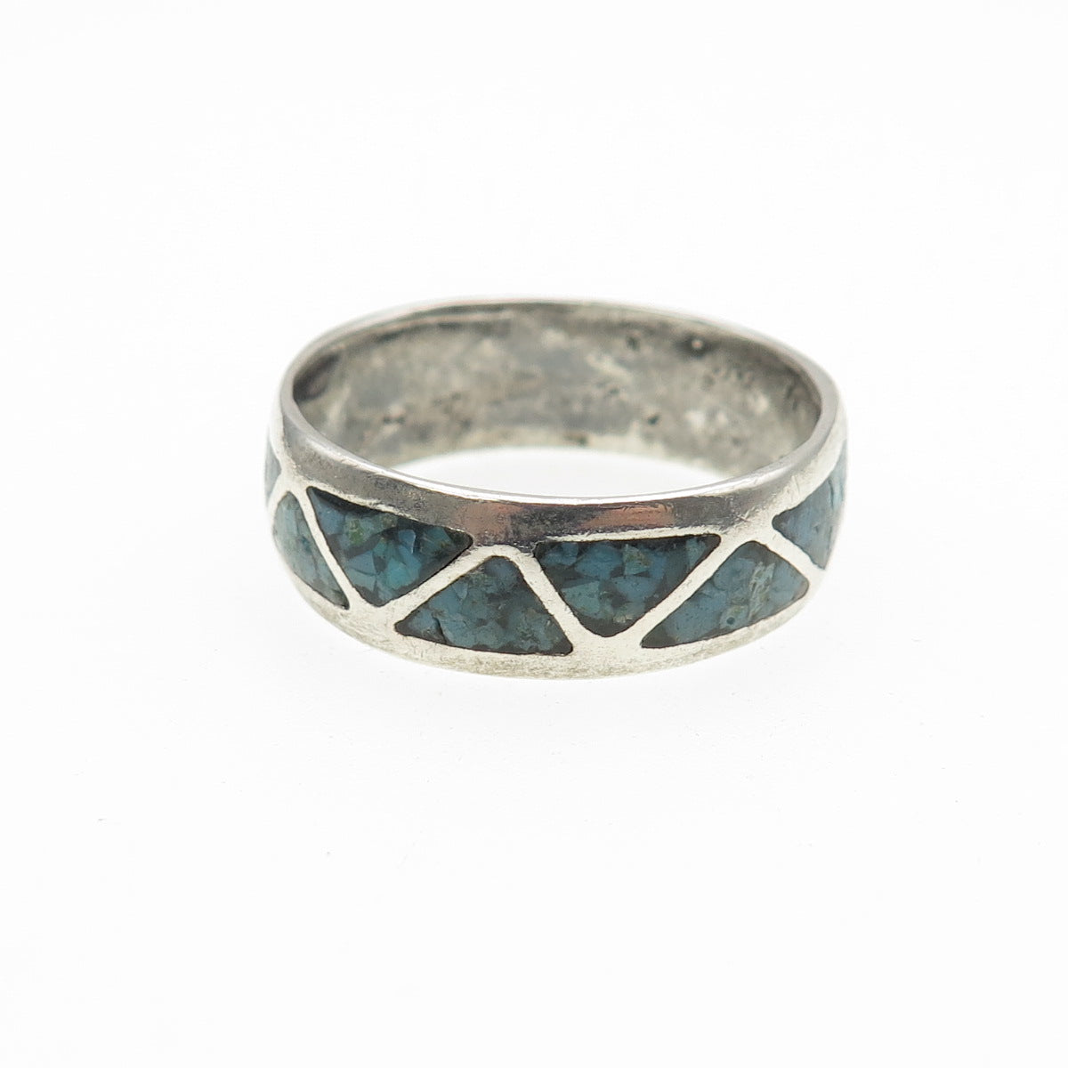 Old Pawn 925 Sterling Silver Vintage Turquoise Inlay Tribal Band Ring Size 12.25