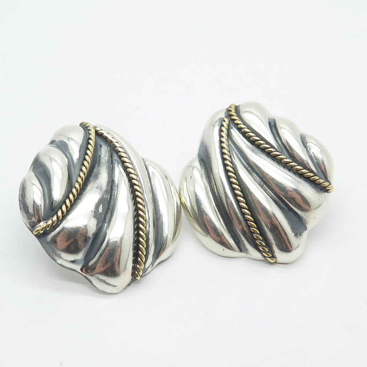 925 Sterling Silver 2-Tone Vintage Mexico Laton Ribbed Earrings
