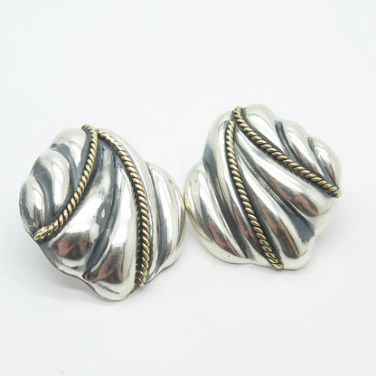 925 Sterling Silver 2-Tone Vintage Mexico Laton Ribbed Earrings
