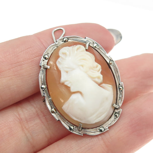 800 Silver Vintage Real Mother-of-Pearl & Marcasite Gem Cameo Pendant/Brooch