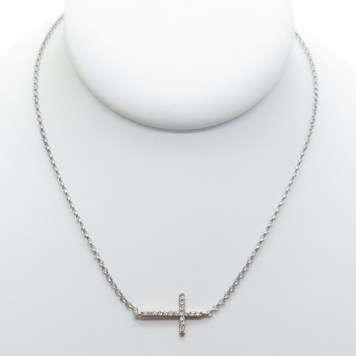 925 Sterling Silver 2-Tone Round-Cut C Z Cross Rolo Chain Necklace 19"