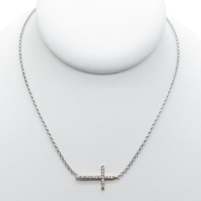 925 Sterling Silver 2-Tone Round-Cut C Z Cross Rolo Chain Necklace 19"