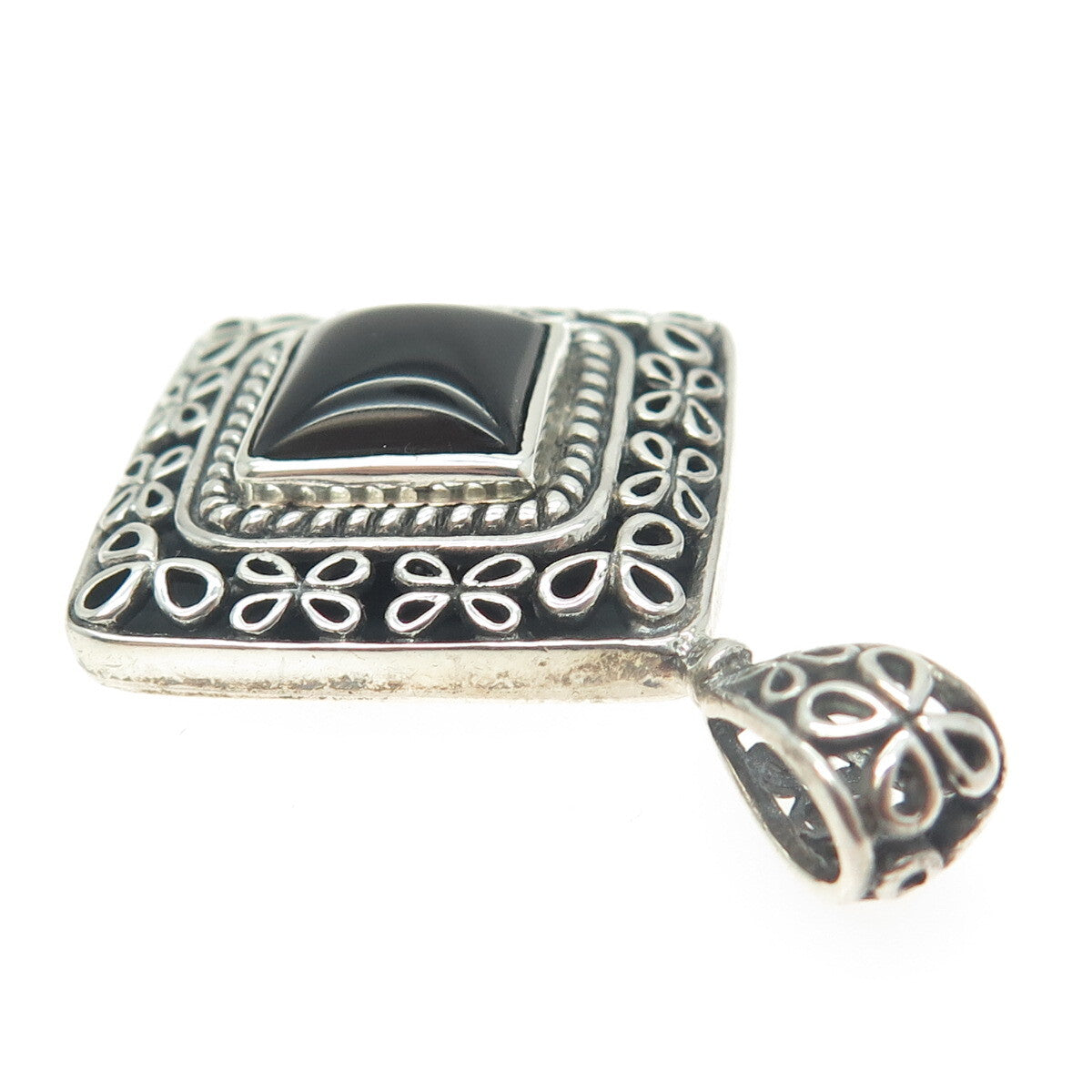 925 Sterling Silver Vintage Real Black Onyx Floral Pendant