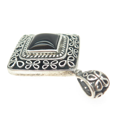 925 Sterling Silver Vintage Real Black Onyx Floral Pendant