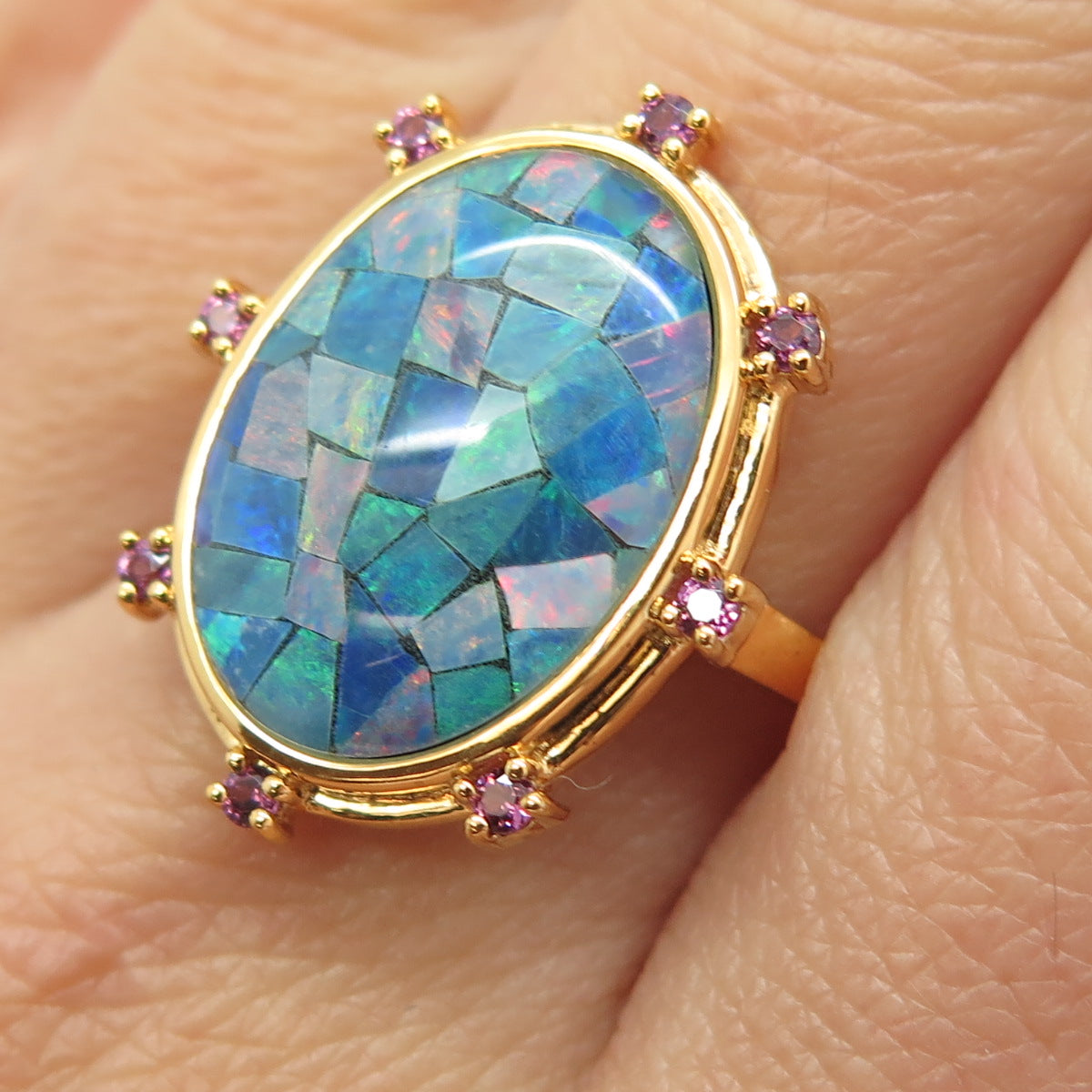 925 Sterling Silver Gold Plated Real Opal Inlay & Amethyst Ring Size 9.75