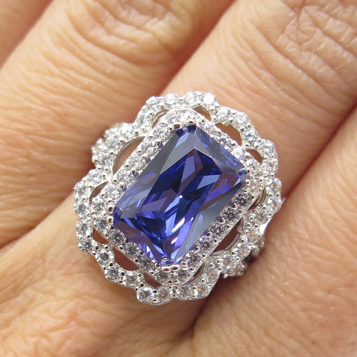 DSMK 925 Sterling Blue Radiant-Cut & White Round-Cut Shaped C Z Ring Size 7