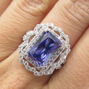 DSMK 925 Sterling Blue Radiant-Cut & White Round-Cut Shaped C Z Ring Size 7