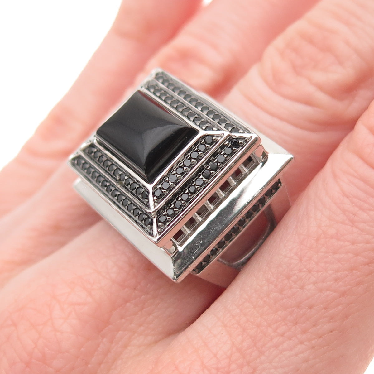 925 Sterling Silver Real Black Onyx & Spinel Statement Ring Size 7.25