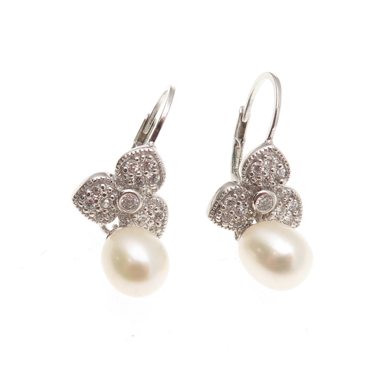 ESPO Joseph Esposito 925 Sterling Silver Real Pearl & C Z Floral Earrings