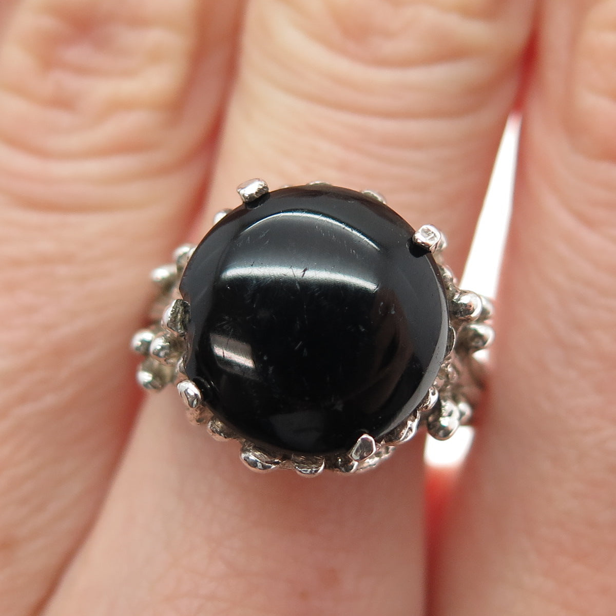 925 Sterling Silver Vintage Real Black Onyx Modernist Oxidized Ring Size 7.25
