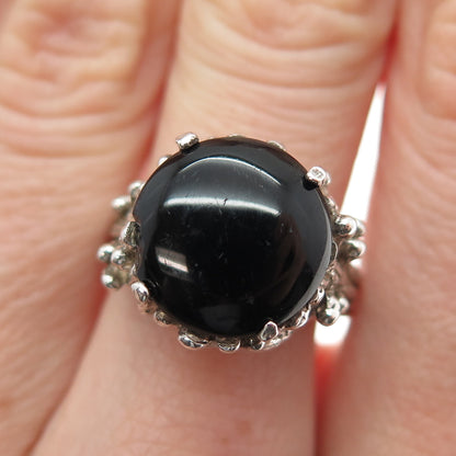 925 Sterling Silver Vintage Real Black Onyx Modernist Oxidized Ring Size 7.25