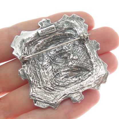 SHUBE 925 Sterling Silver Vintage Lady in Feather Hat Oxidized Pin Brooch