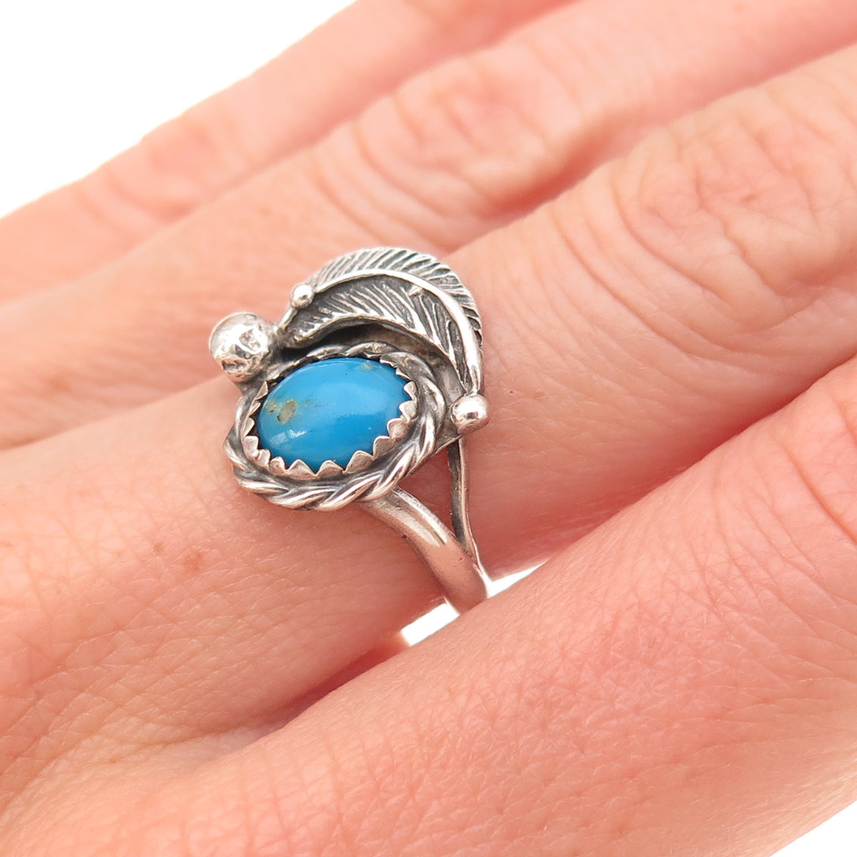 Old Pawn Sterling Silver Vintage Southwestern Turquoise Feather Ring Size 6.25