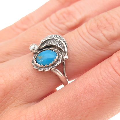 Old Pawn Sterling Silver Vintage Southwestern Turquoise Feather Ring Size 6.25