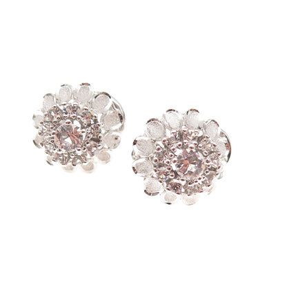925 Sterling Silver Vintage Round-Cut Rhinestone Clip On Earrings