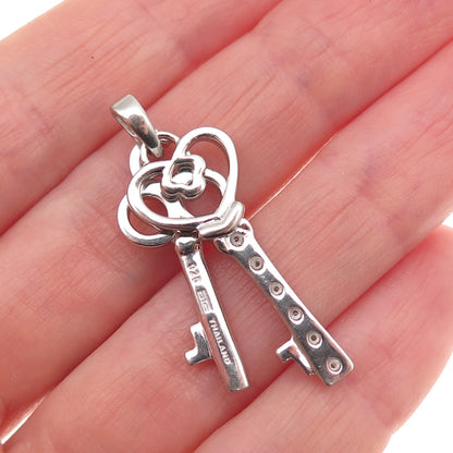 925 Sterling Silver Real Round-Cut Diamond Heart & Club Key Charm Pendant