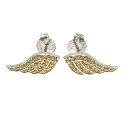 925 Sterling Silver 2-Tone Real Round-Cut Canary Diamond Angel Wing Earrings