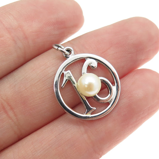 925 Sterling Silver Vintage Real Pearl Sweet "16" Round Charm Pendant