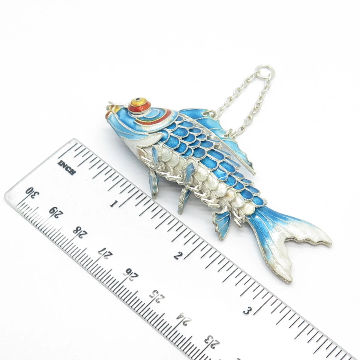 925 Sterling Silver Enamel Antique Chinese Koi Fish Chatelaine Fob / Pendant