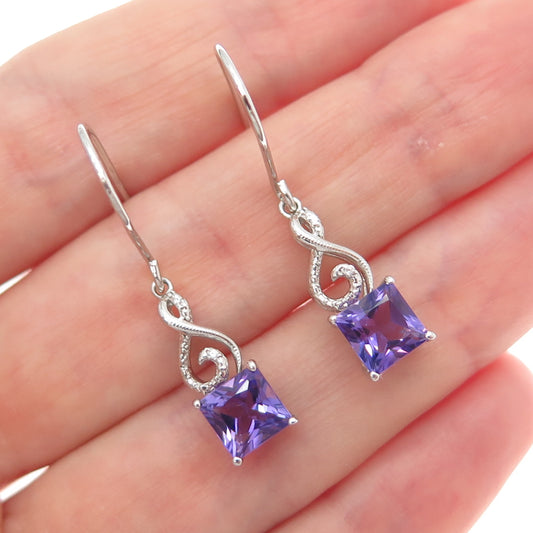 SAI 925 Sterling Silver Real Amethyst & C Z Treble Clef Dangle Earrings