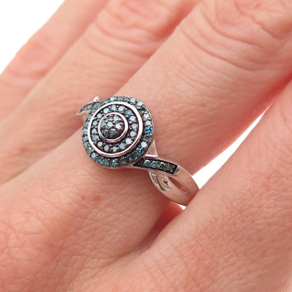 D'Joy 925 Sterling Silver Real Round-Cut Blue Diamond Ring Size 8