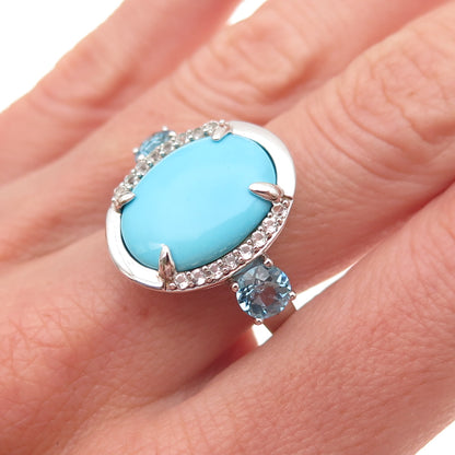 925 Sterling Silver Real Tyrone Turquoise Blue & White Topaz Ring Size 8