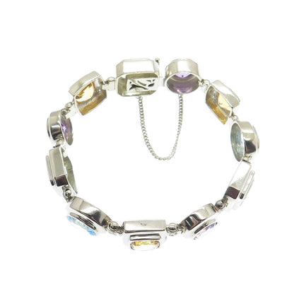 925 Sterling Silver Vintage Diamond Citrine Amethyst Topaz Gem Bracelet 7.25"