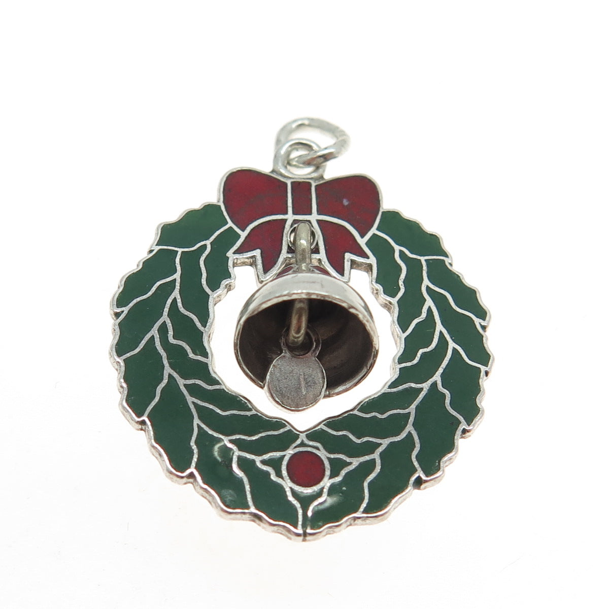 WELLS 925 Sterling Silver Antique Art Deco Enamel Christmas Wreath Bell Pendant