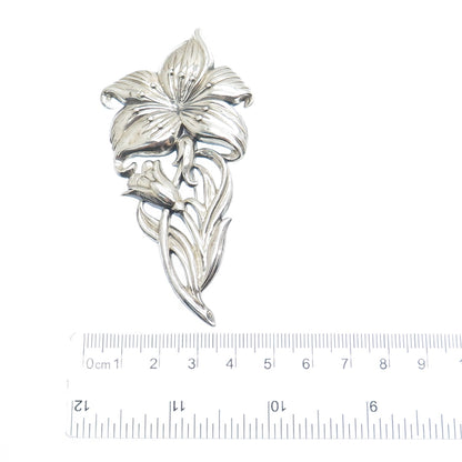 925 Sterling Silver Antique Art Deco Lily Flower Repousse Oxidized Pin Brooch