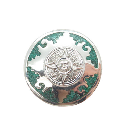 925 Sterling Silver Vintage Mexico Real Turquoise Inlay Mayan Sun Brooch Pendant