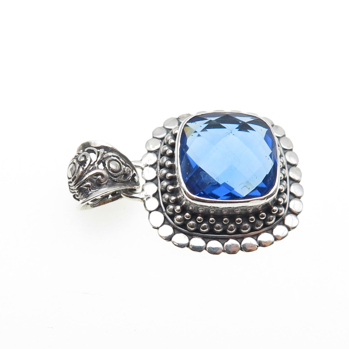 BERIA 925 Sterling Silver Vintage Lab-Created Blue Spinel Dotted Charm Pendant