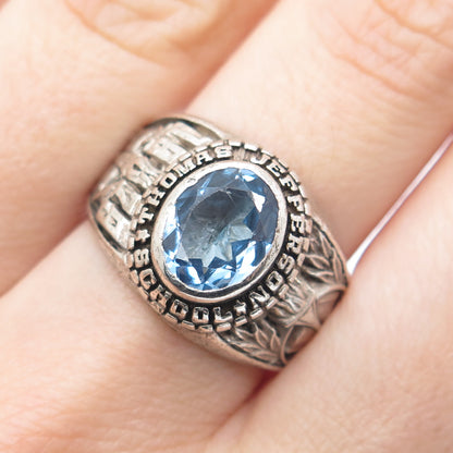 925 Sterling Vintage 1979 Real Blue Topaz Thomas Jefferson School Ring Size 8.25