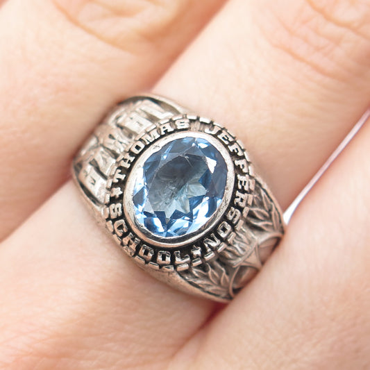 925 Sterling Vintage 1979 Real Blue Topaz Thomas Jefferson School Ring Size 8.25