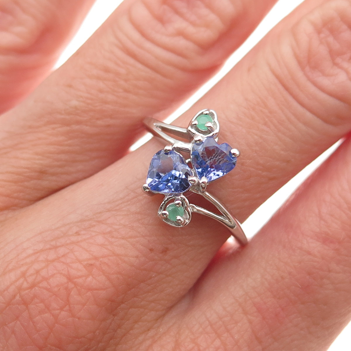 Chuck Clemency 925 Sterling Silver Real Tanzanite & Emerald Heart Ring Size 7.25