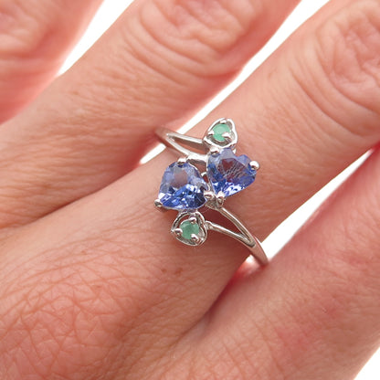 Chuck Clemency 925 Sterling Silver Real Tanzanite & Emerald Heart Ring Size 7.25
