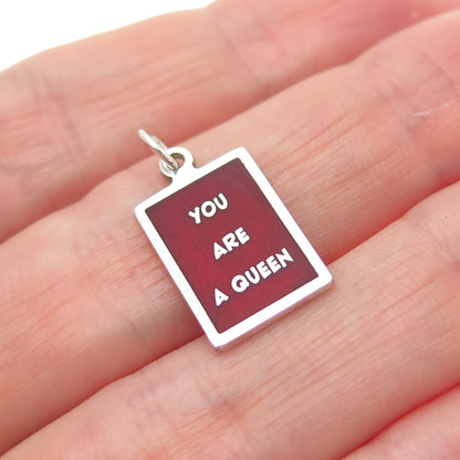 925 Sterling Silver Red Enamel You Are A Queen Minimalist Charm Pendant