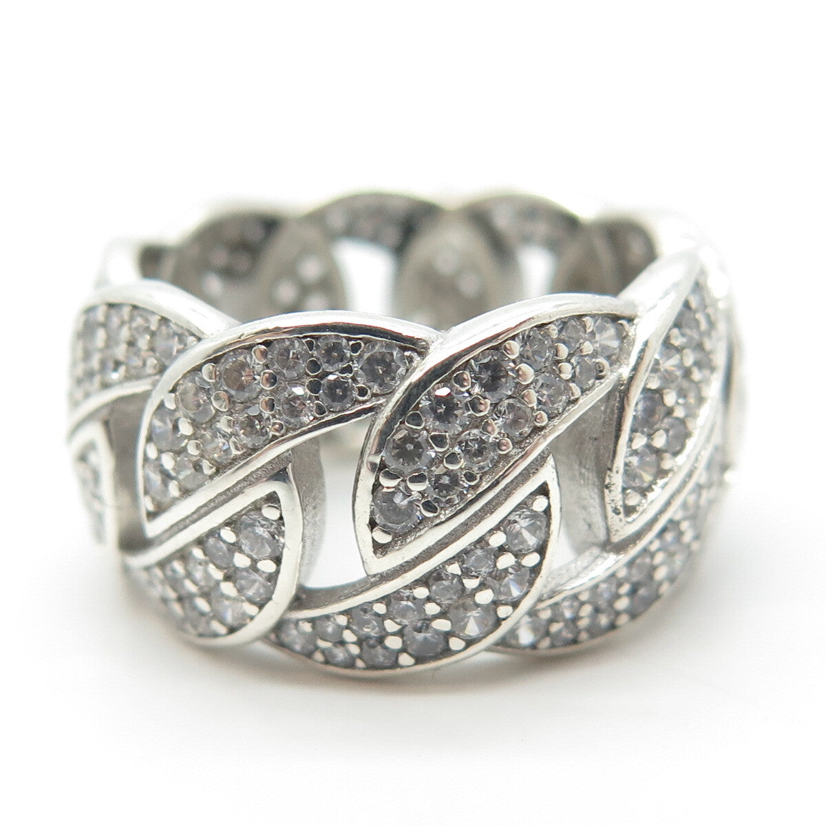925 Sterling Silver Pave C Z Cuban Chain Band Ring Size 6.75