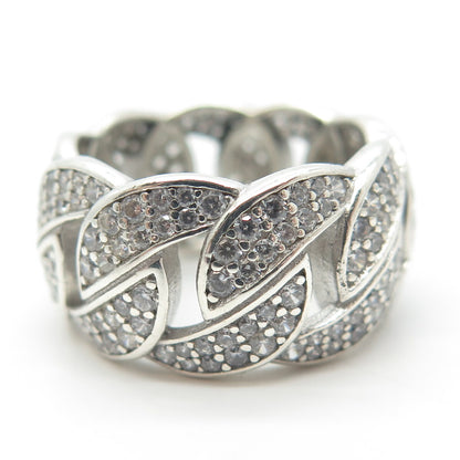 925 Sterling Silver Pave C Z Cuban Chain Band Ring Size 6.75