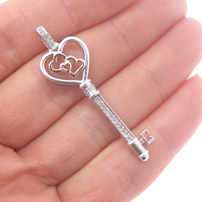 925 Sterling Silver 14K Gold Real Diamond Couple Heart Key Charm Pendant