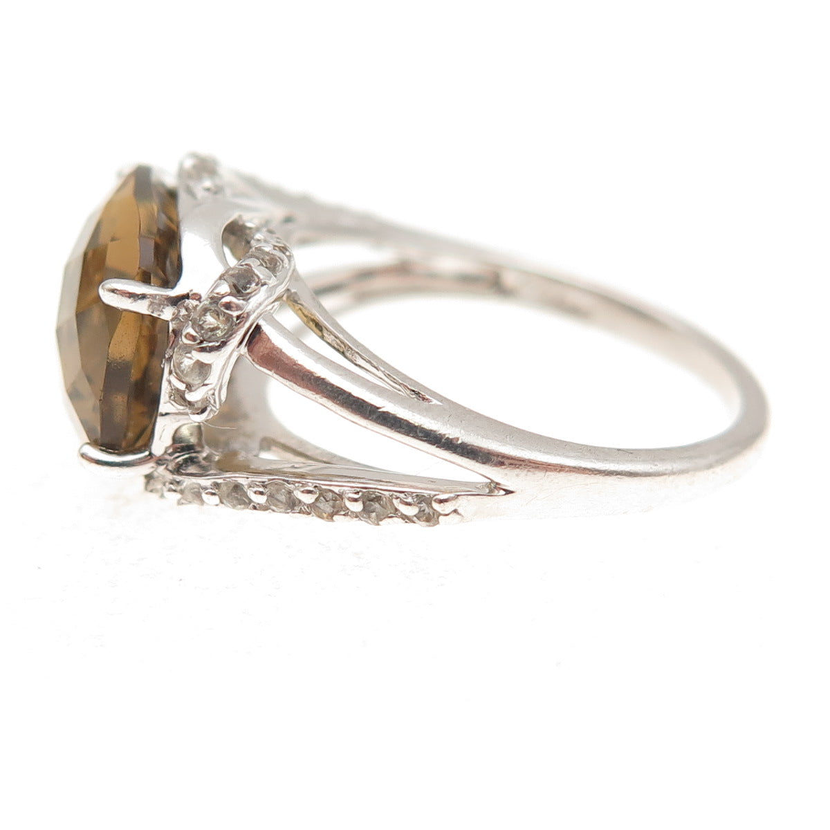925 Sterling Silver Real Smoky Quartz & White Topaz Ring Size 7.25