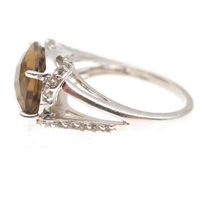 925 Sterling Silver Real Smoky Quartz & White Topaz Ring Size 7.25