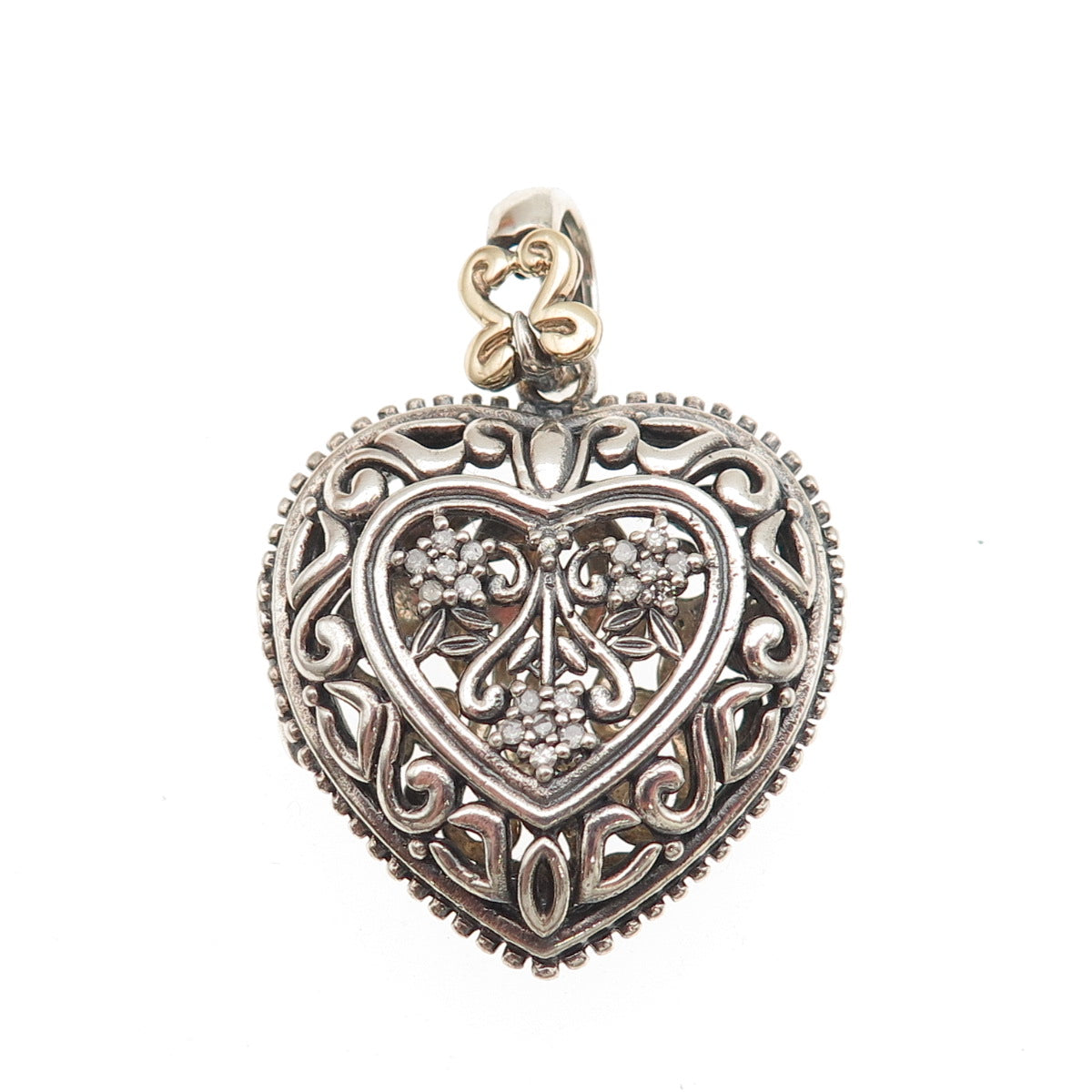 925 Sterling Silver 14K Gold Real Diamond Ornate Heart Locket Charm Pendant