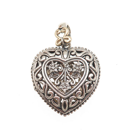925 Sterling Silver 14K Gold Real Diamond Ornate Heart Locket Charm Pendant