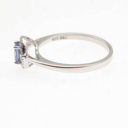 925 Sterling Silver Real Round-Cut Diamond & Oval-Cut Tanzanite Ring Size 8
