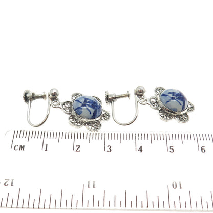 DELFT 925 Sterling Silver Vintage Ceramic Old Mill Filigree Screw Back Earrings