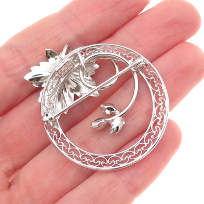 Carl Art 925 Sterling Silver Vintage Rhinestone Floral Leaf Pin Brooch